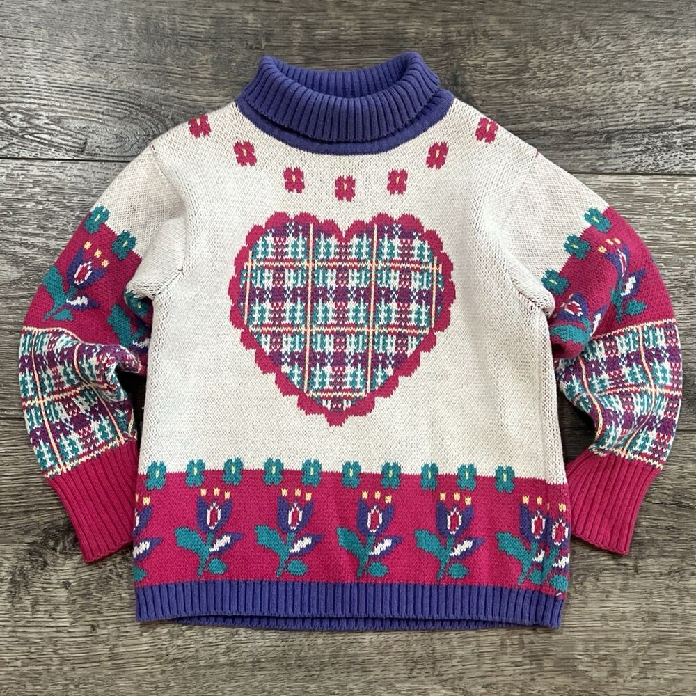 Vintage 90s Gymboree Rainbow Tag Sweater Plaid Heart Floral Cotton Girls Medium